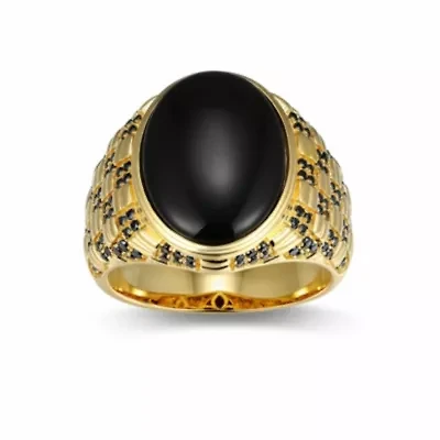 Men's Genuine Black Onyx and Spinel Ring 18k Gold Plated Sterling Silver