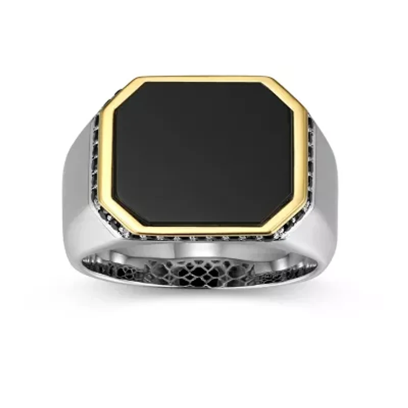 Men's Genuine Black Onyx and Sapphire Ring Rhodium Sterling Silver