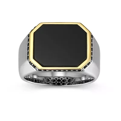 Men's Genuine Black Onyx and Sapphire Ring Rhodium Sterling Silver