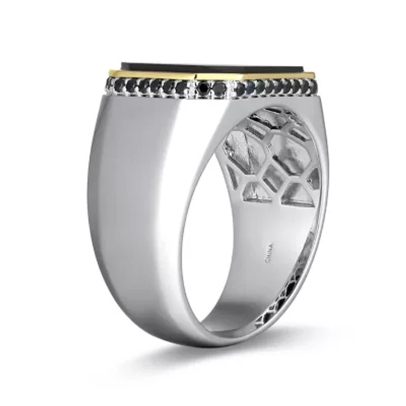 Men's Genuine Black Onyx and Sapphire Ring Rhodium Sterling Silver