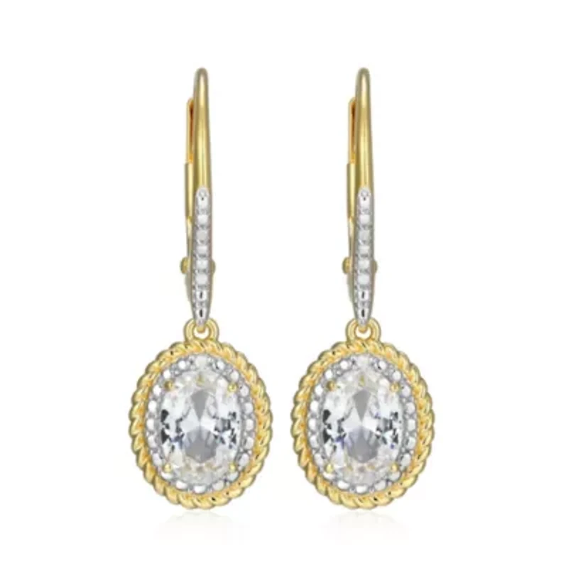 18K Yellow Gold Plated Sterling Silver Birthstone Gemstone and Diamond Accent Halo Leverback Earrings