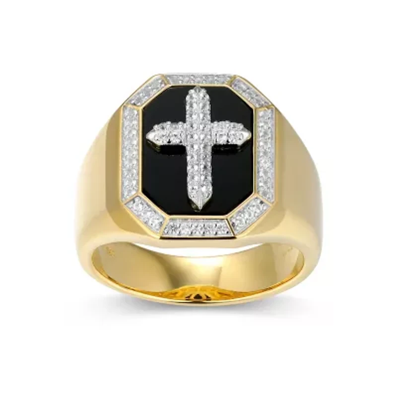 Men's Black Onyx and Created White Sapphire Cross Ring 18k Gold Plated Sterling Silver