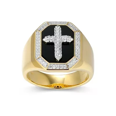 Men's Black Onyx and Created White Sapphire Cross Ring 18k Gold Plated Sterling Silver
