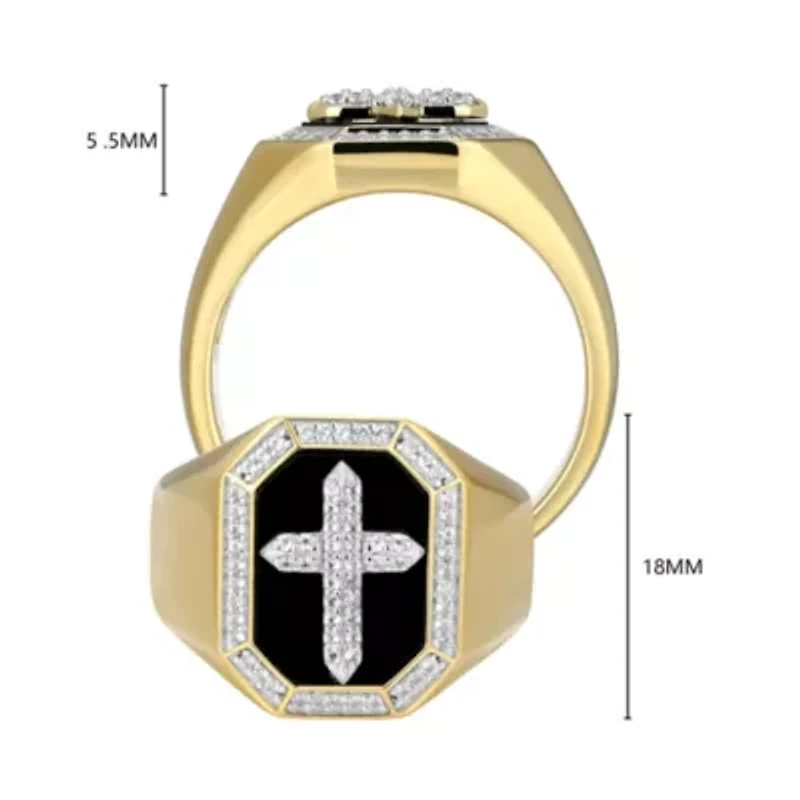 Men's Black Onyx and Created White Sapphire Cross Ring 18k Gold Plated Sterling Silver
