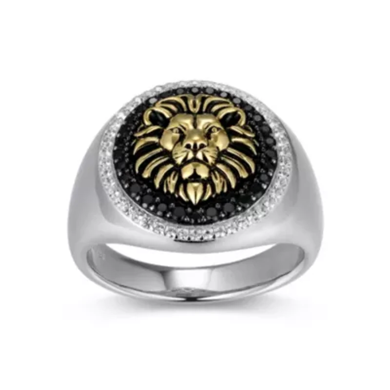 Men's Genuine Black Spinel and Created White Sapphire Lion Ring Two-tone Sterling Silver