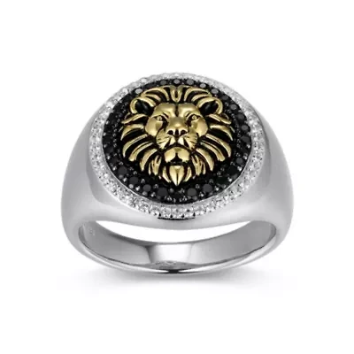 Men's Genuine Black Spinel and Created White Sapphire Lion Ring Two-tone Sterling Silver