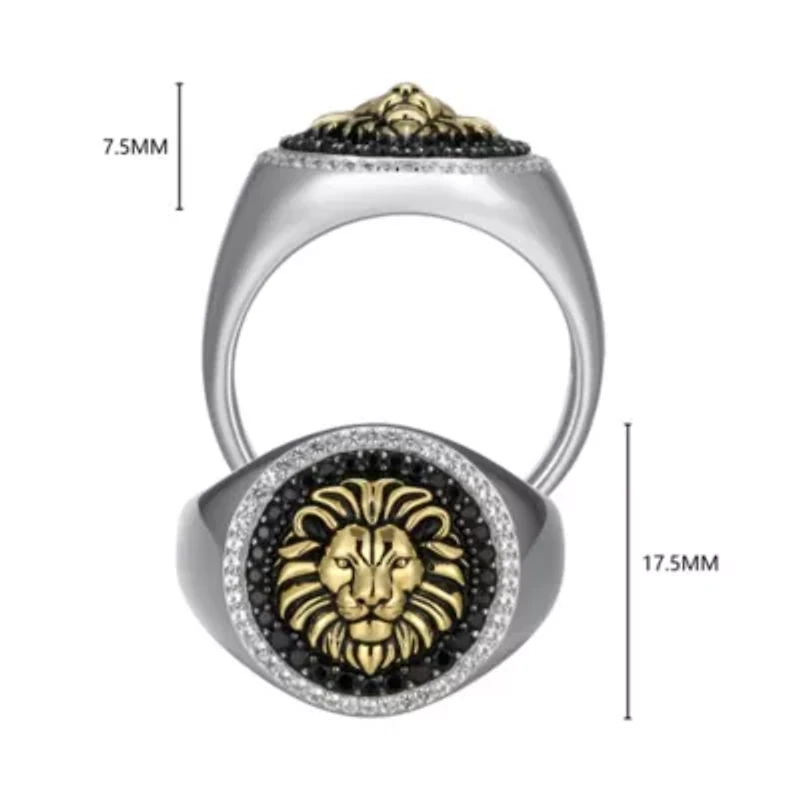 Men's Genuine Black Spinel and Created White Sapphire Lion Ring Two-tone Sterling Silver