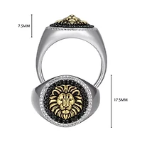 Men's Genuine Black Spinel and Created White Sapphire Lion Ring Two-tone Sterling Silver