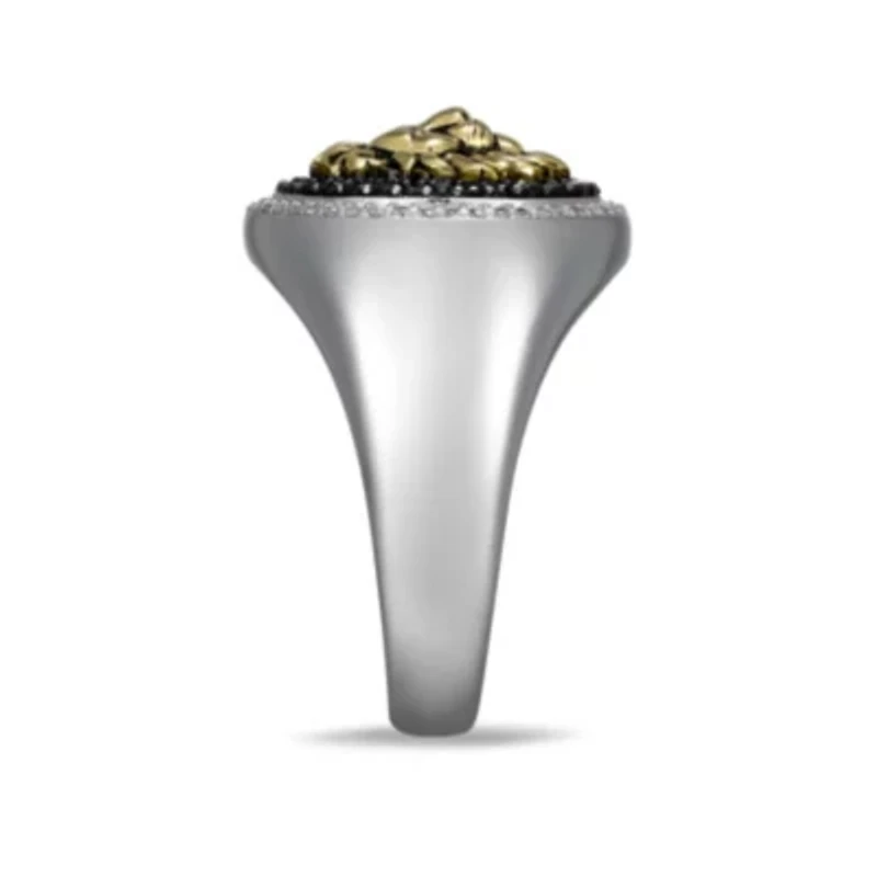 Men's Genuine Black Spinel and Created White Sapphire Lion Ring Two-tone Sterling Silver