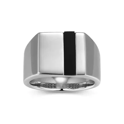 Rhodium Plated Sterling Silver Men's Genuine Black Onyx Ring