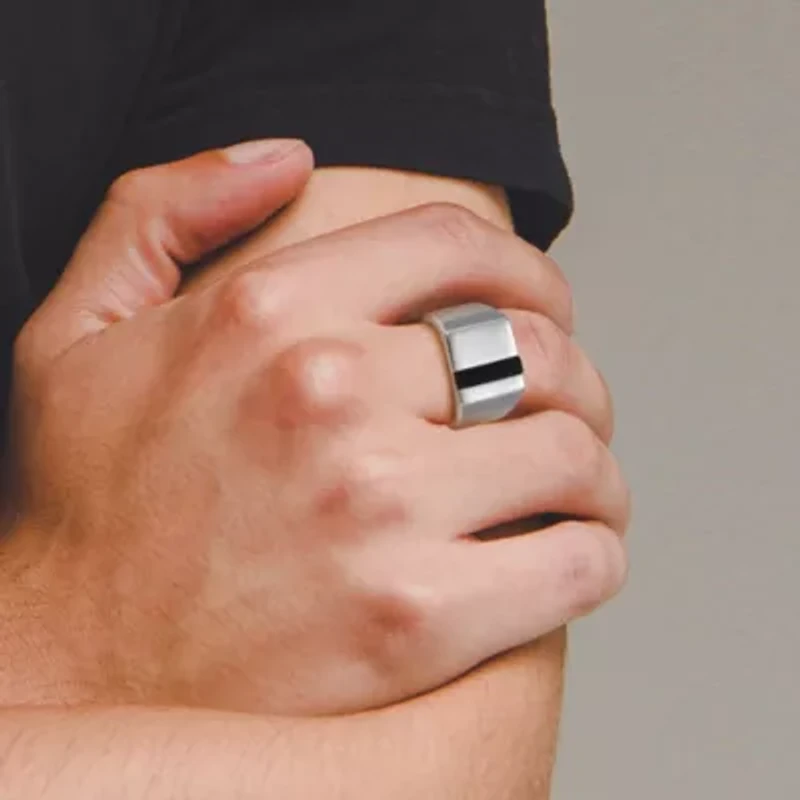 Rhodium Plated Sterling Silver Men's Genuine Black Onyx Ring