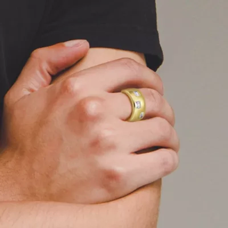 18K Yellow Gold or Rhodium Plated Sterling Silver Men's Cubic Zirconia Wide Band Ring