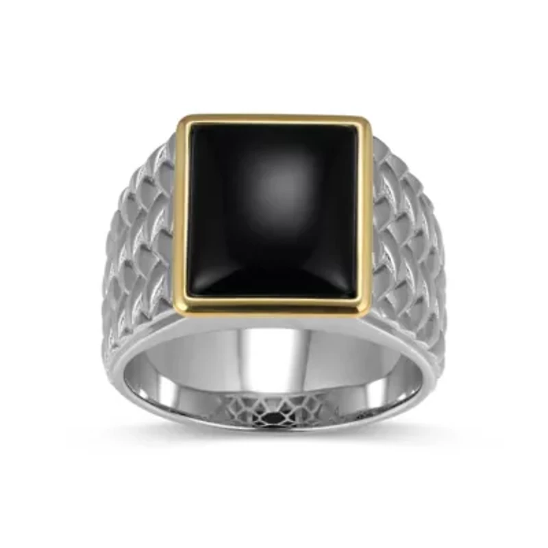 Rhodium Plated Sterling Silver & Solid 10K Yellow Gold Men's Genuine Black Onyx Ring