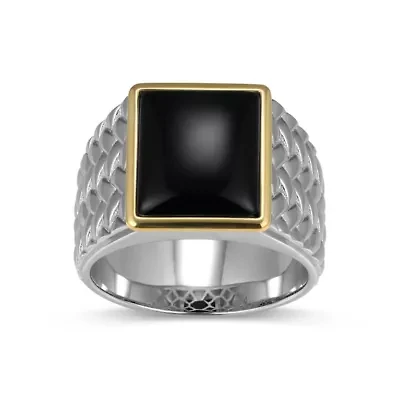 Rhodium Plated Sterling Silver & Solid 10K Yellow Gold Men's Genuine Black Onyx Ring