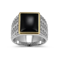 Rhodium Plated Sterling Silver & Solid 10K Yellow Gold Men's Genuine Black Onyx Ring