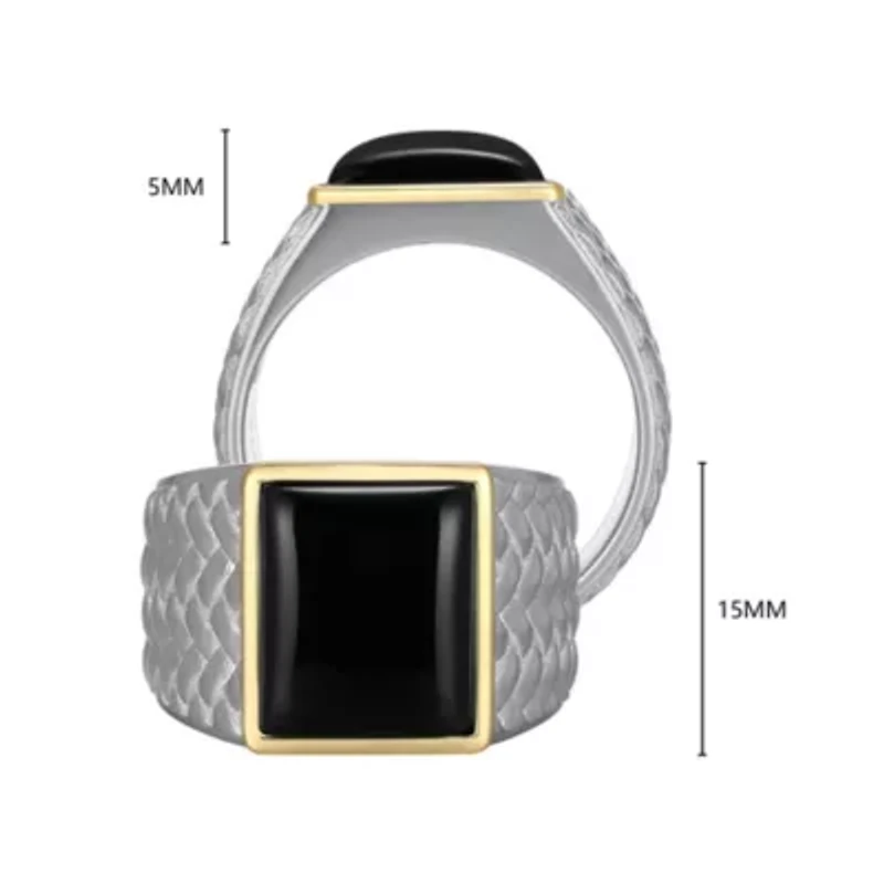 Rhodium Plated Sterling Silver & Solid 10K Yellow Gold Men's Genuine Black Onyx Ring