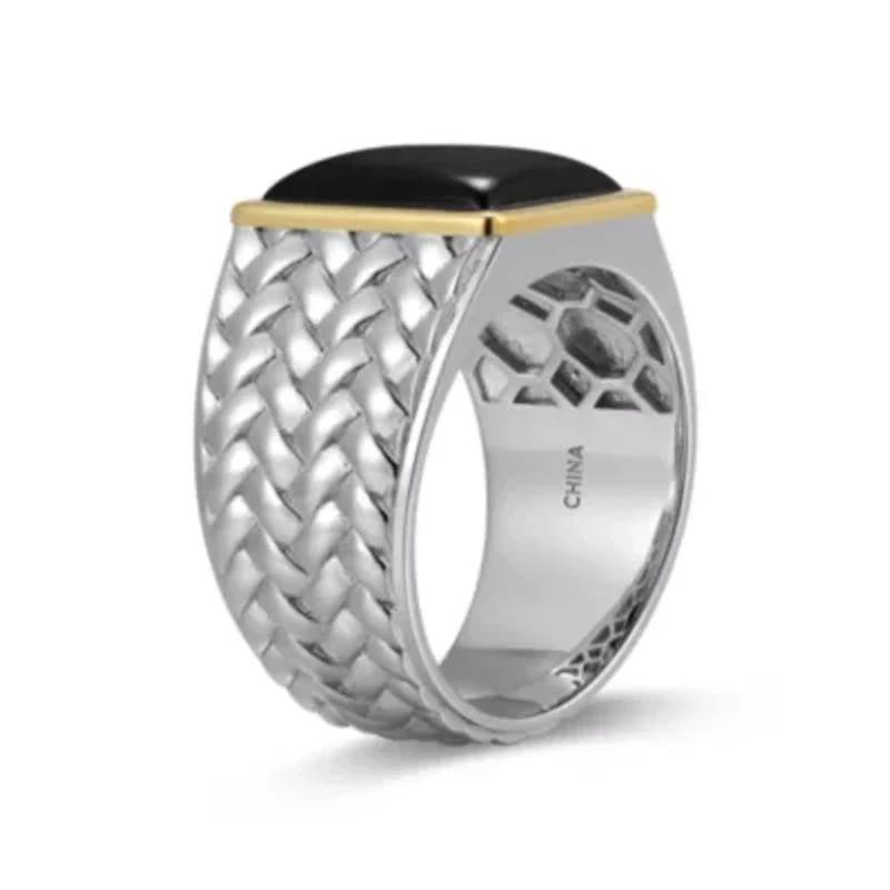 Rhodium Plated Sterling Silver & Solid 10K Yellow Gold Men's Genuine Black Onyx Ring
