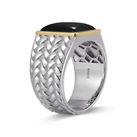 Rhodium Plated Sterling Silver & Solid 10K Yellow Gold Men's Genuine Black Onyx Ring