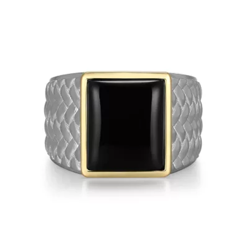 Rhodium Plated Sterling Silver & Solid 10K Yellow Gold Men's Genuine Black Onyx Ring