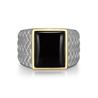 Rhodium Plated Sterling Silver & Solid 10K Yellow Gold Men's Genuine Black Onyx Ring