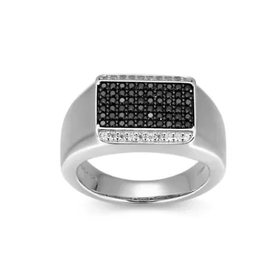 Rhodium Plated Sterling Silver Men's Black and White Cubic Zirconia Ring