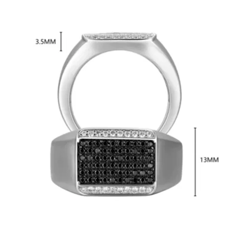 Rhodium Plated Sterling Silver Men's Black and White Cubic Zirconia Ring