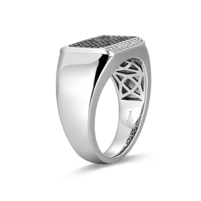 Rhodium Plated Sterling Silver Men's Black and White Cubic Zirconia Ring