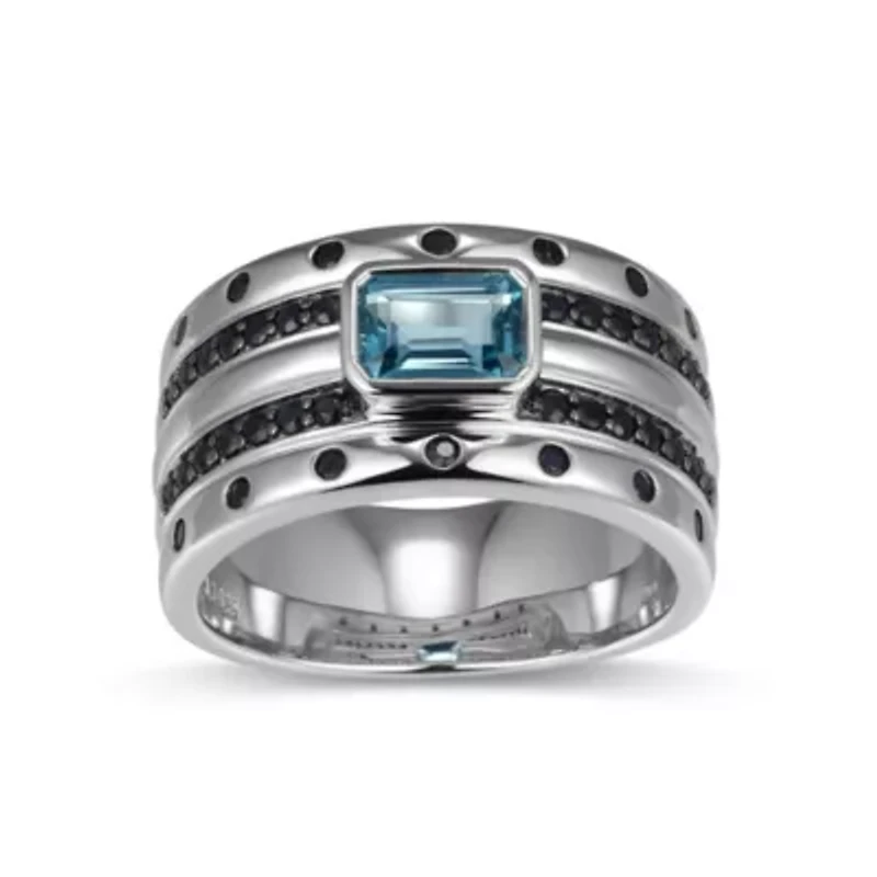Rhodium and Gunmetal Plated Sterling Silver Men's Genuine London Blue Topaz Black Sapphire Ring