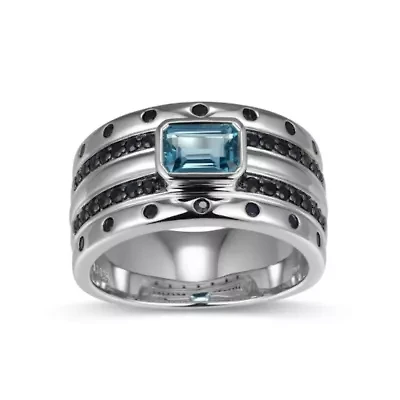 Rhodium and Gunmetal Plated Sterling Silver Men's Genuine London Blue Topaz Black Sapphire Ring