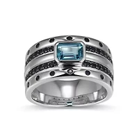 Rhodium and Gunmetal Plated Sterling Silver Men's Genuine London Blue Topaz Black Sapphire Ring