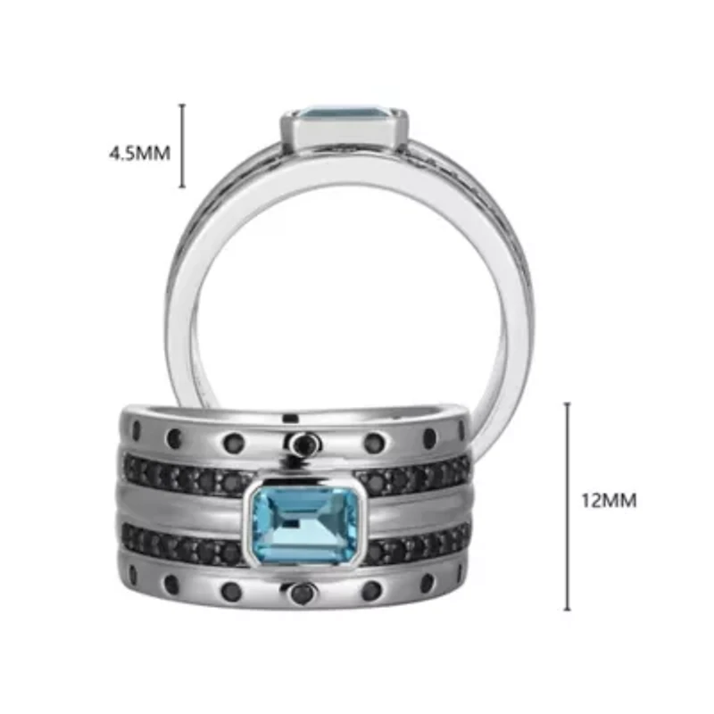 Rhodium and Gunmetal Plated Sterling Silver Men's Genuine London Blue Topaz Black Sapphire Ring