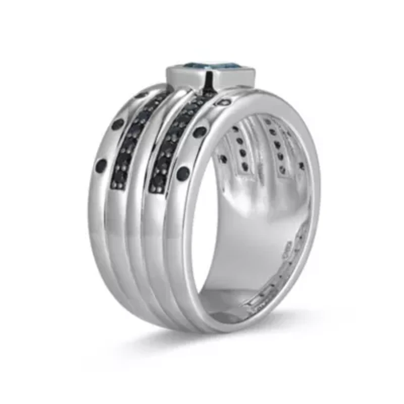 Rhodium and Gunmetal Plated Sterling Silver Men's Genuine London Blue Topaz Black Sapphire Ring