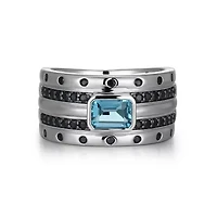 Rhodium and Gunmetal Plated Sterling Silver Men's Genuine London Blue Topaz Black Sapphire Ring