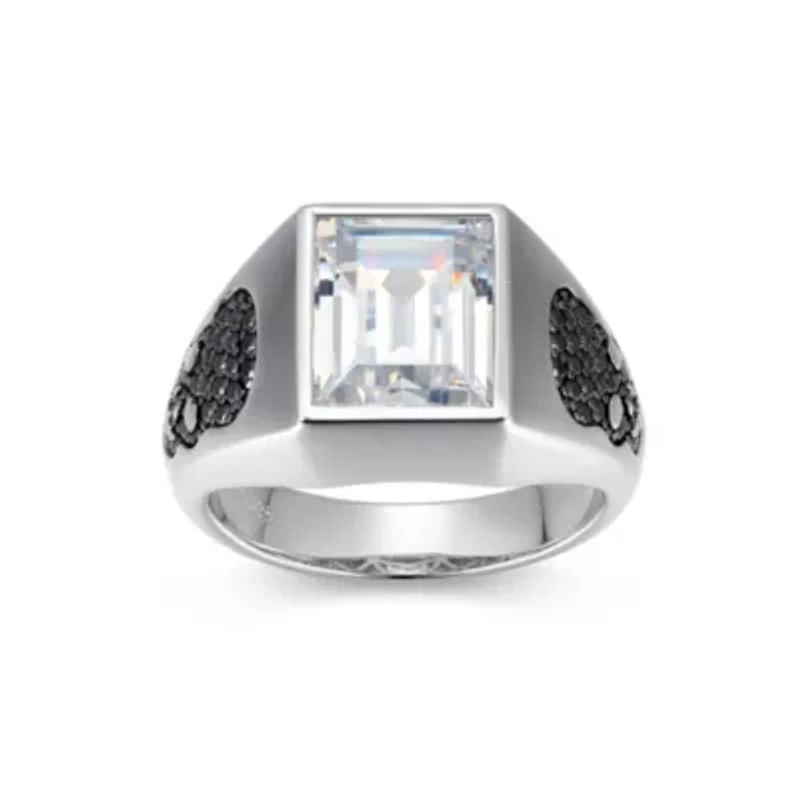 Rhodium Plated Sterling Silver Men's White and Black Cubic Zirconia Skull Ring