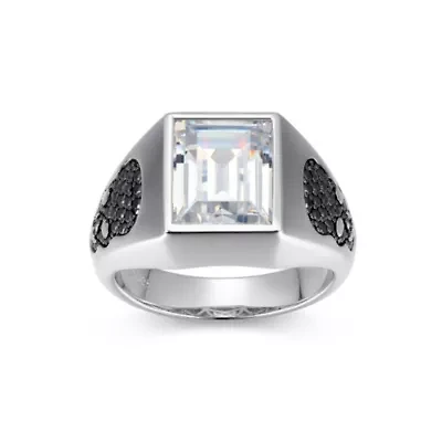 Rhodium Plated Sterling Silver Men's White and Black Cubic Zirconia Skull Ring