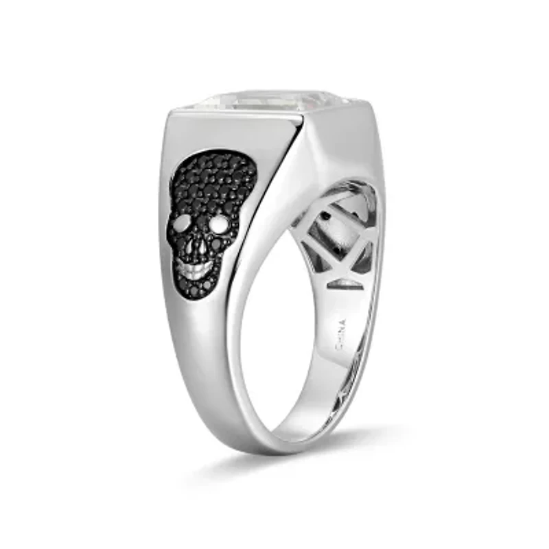 Rhodium Plated Sterling Silver Men's White and Black Cubic Zirconia Skull Ring