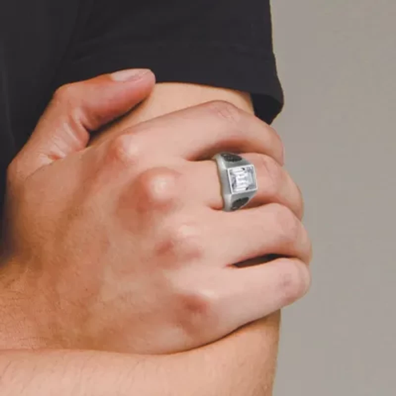 Rhodium Plated Sterling Silver Men's White and Black Cubic Zirconia Skull Ring