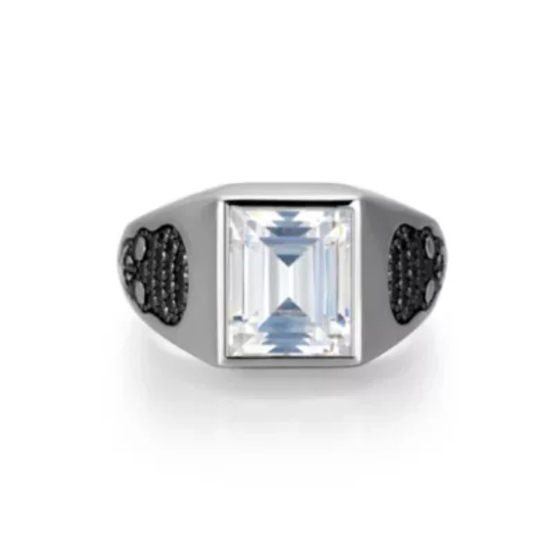 Rhodium Plated Sterling Silver Men's White and Black Cubic Zirconia Skull Ring