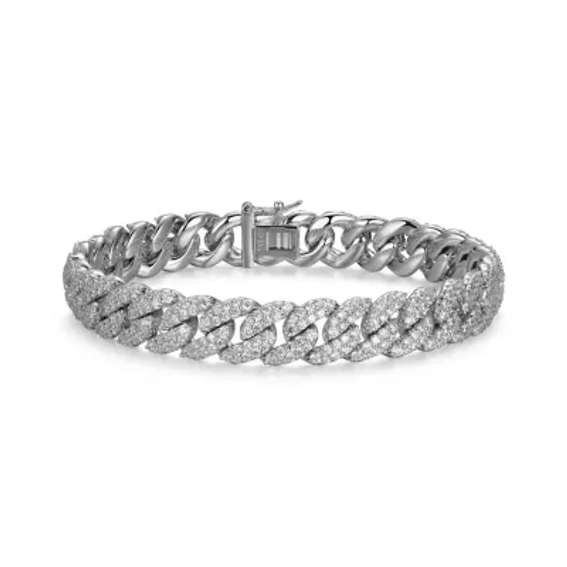 Rhodium Plated Sterling Silver Men's Cubic Zirconia Cuban Bracelet