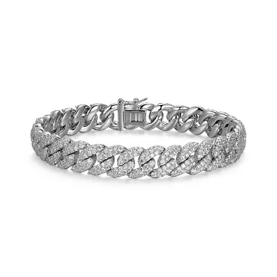 Rhodium Plated Sterling Silver Men's Cubic Zirconia Cuban Bracelet