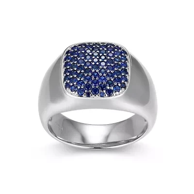 Rhodium Plated Sterling Silver Men's Created Sapphire Ring