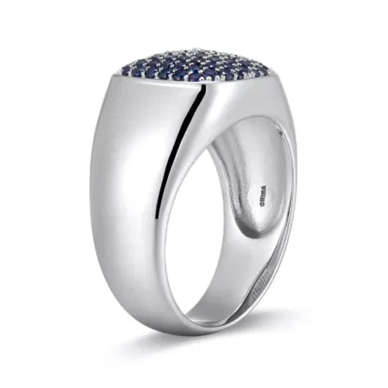 Rhodium Plated Sterling Silver Men's Created Sapphire Ring