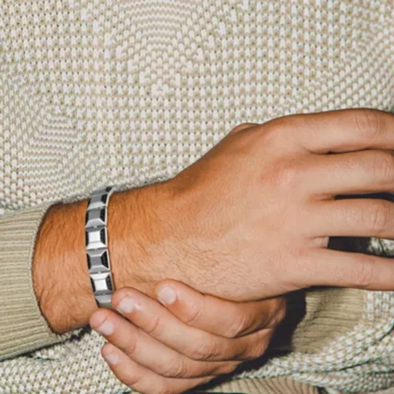 Rhodium and Gun Plated Sterling Silver Men's Black Cubic Zirconia Bracelet