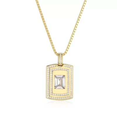 18K Yellow Gold or Rhodium Plated Sterling Silver Men's Cubic Zirconia Pendant Necklace