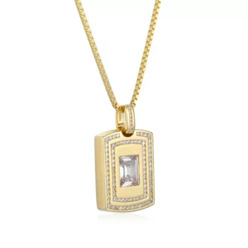 18K Yellow Gold or Rhodium Plated Sterling Silver Men's Cubic Zirconia Pendant Necklace