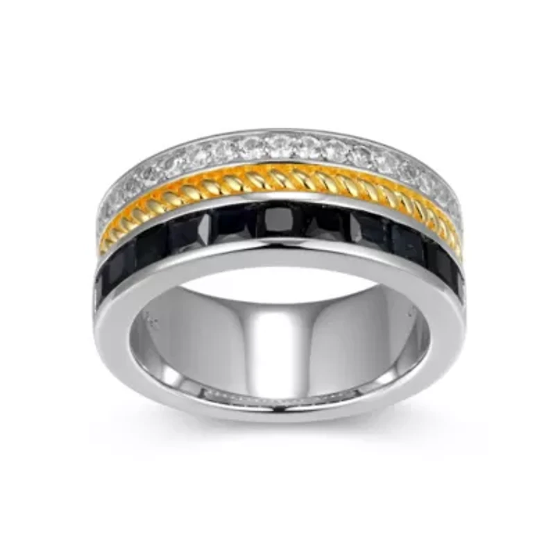 18K Yellow Gold and Rhodium Plated Sterling Silver Two-tone Men's Genuine Black Sapphire Created White Ring