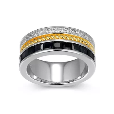 18K Yellow Gold and Rhodium Plated Sterling Silver Two-tone Men's Genuine Black Sapphire Created White Ring