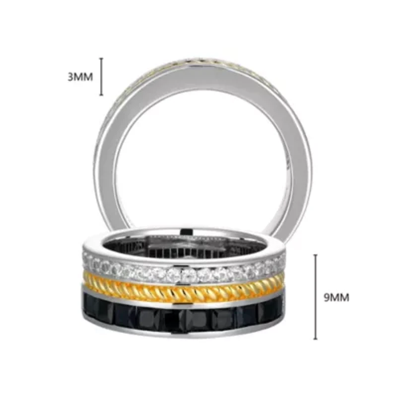 18K Yellow Gold and Rhodium Plated Sterling Silver Two-tone Men's Genuine Black Sapphire Created White Ring