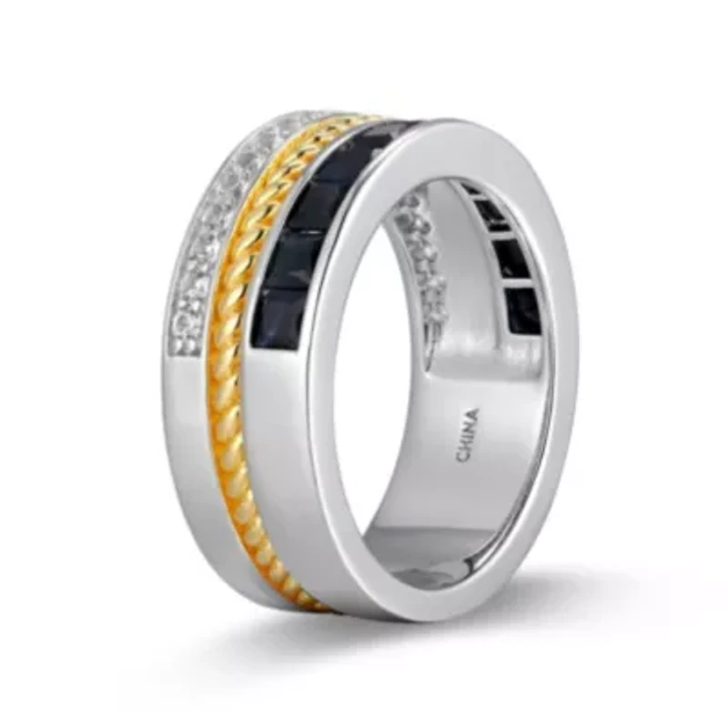 18K Yellow Gold and Rhodium Plated Sterling Silver Two-tone Men's Genuine Black Sapphire Created White Ring