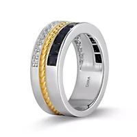 18K Yellow Gold and Rhodium Plated Sterling Silver Two-tone Men's Genuine Black Sapphire Created White Ring